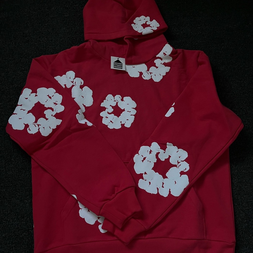 Red denim tears Hoodie with White Floral Design
